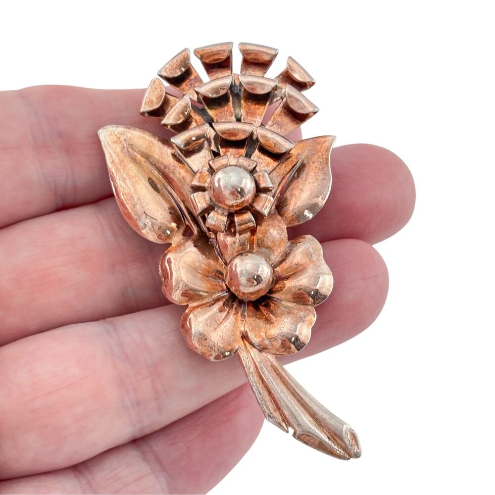 Vintage Rose Gold Vermeil Sterling 925 Silver Double Flower Brooch - Picture 1 of 9